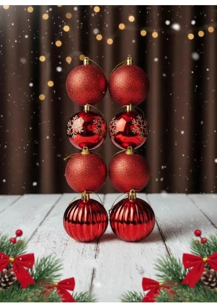 8'li Kırmızı Karışık Desenli Yılbaşı Ağacı Topları Seti (Simli, Mat ve Dokulu) 6cm