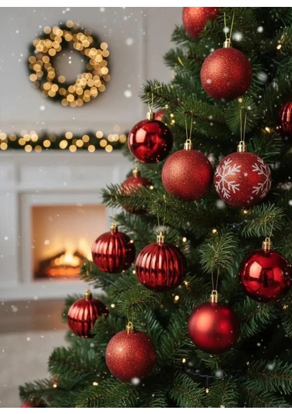8'li Kırmızı Karışık Desenli Yılbaşı Ağacı Topları Seti (Simli, Mat ve Dokulu) 6cm fiyatları