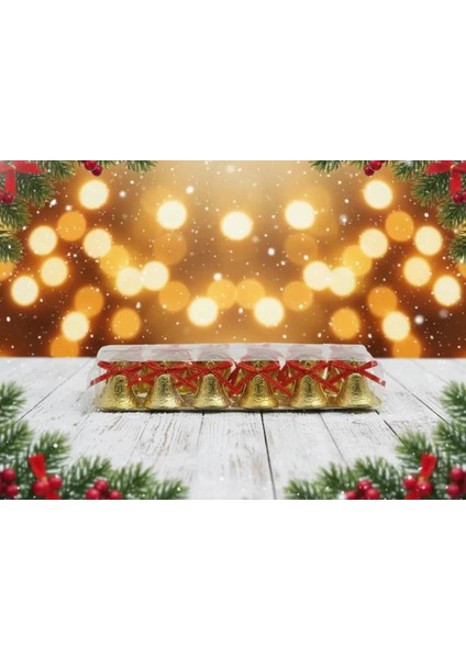 12'li Lüks Altın Rengi Yılbaşı Çanları Süsü Seti (Kırmızı Kurdeleli)