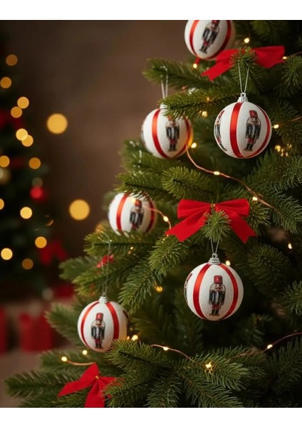 Kırmızı Beyaz Kurşun Asker Figürlü Dekoratif Yılbaşı Topları (6 cm 6 Adet)