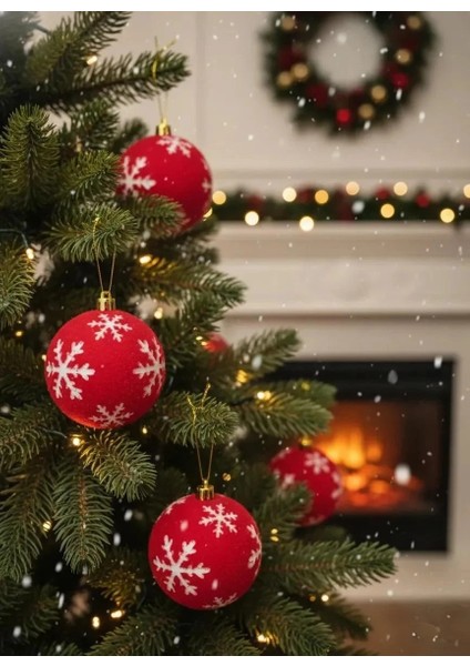 3'lü Kırmızı Kadife Görünümlü Kar Tanesi Desenli Yılbaşı Ağacı Topları Seti (8 Cm)