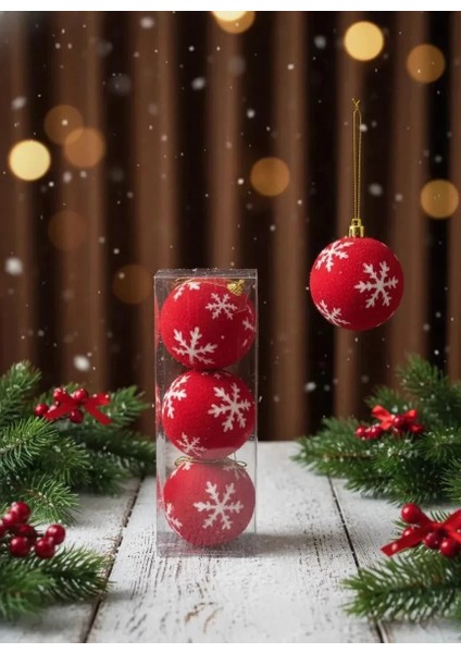 3'lü Kırmızı Kadife Görünümlü Kar Tanesi Desenli Yılbaşı Ağacı Topları Seti (8 Cm) fiyatları