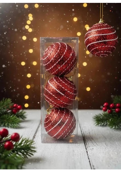 Kırmızı Beyaz Klasik Desenli Parlak Yılbaşı Balonları (3 Adet 8 cm )