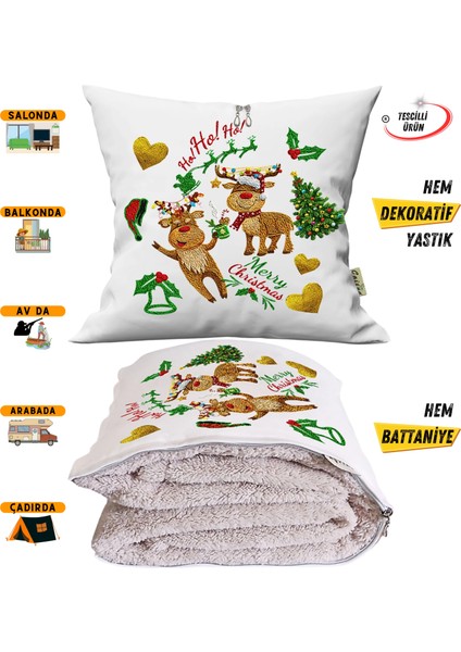 Yılbaşı Kurabiye Nakışlı Punch Efekt Baskılı Tv Battaniye Olabilen Dekoratif Yastık 2in1 Battaniye