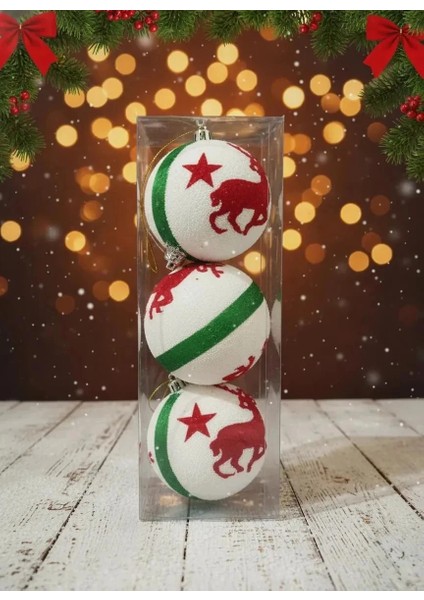 3'lü Kırmızı Geyik ve Yıldız Desenli Yeşil Çizgili Kumaş Yılbaşı Süsü Seti 8 cm