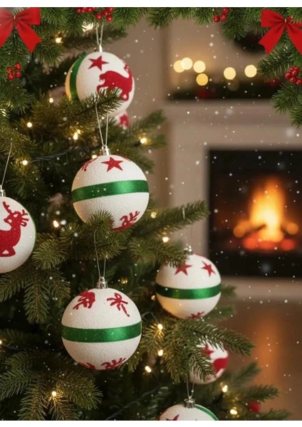 3'lü Kırmızı Geyik ve Yıldız Desenli Yeşil Çizgili Kumaş Yılbaşı Süsü Seti 8 cm fiyatları