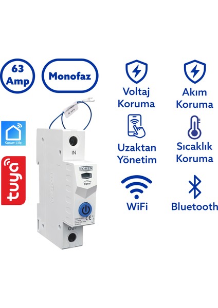 Akıllı Voltaj ve Akım Koruma Rölesi, Sıcaklık Korumalı Wifi Smartlife Tuya 63A - Tek Kutup