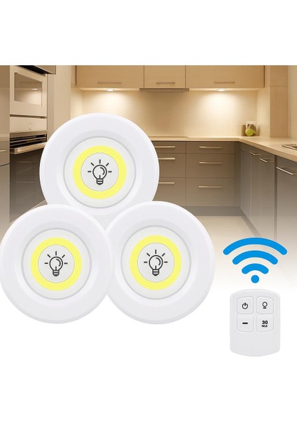 3’lü Kablosuz LED Spot Işık Seti – Uzaktan Kumandalı, Yapışkan, Pilli, 3W Cob Led, 150 Lümen, 2 Parlaklık Seviyesi, Zamanlayıcılı Dolap Tezgah Aydınlatmas