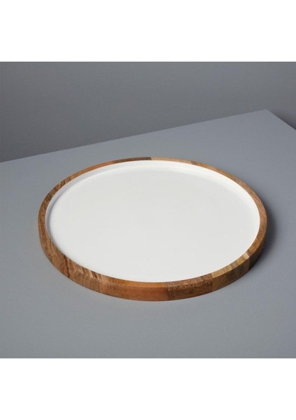 Be Çap 37 cm Mango Ahşap & Beyaz Yuvarlak Tabak
