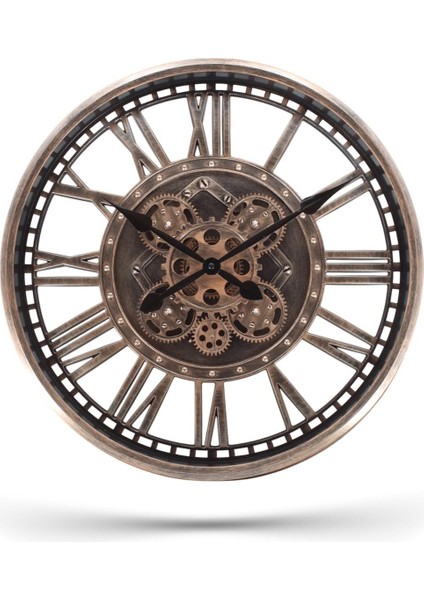 Mark Premium Serisi Eskitme Şeffaf Kadranlı Döner Çarklı 50 Santimetre Ev ve Ofis Duvar Saati, Roma Rakamlı,