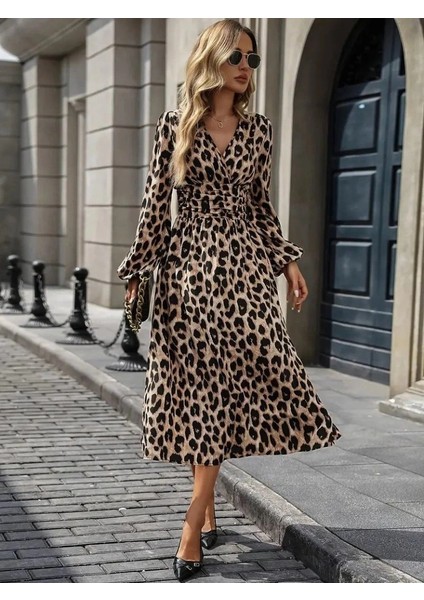 Kadın Uzun Kollu Kruvaze Yaka Belden Oturtmalı Midi Modal Leopar Desenli Elbise fiyatları