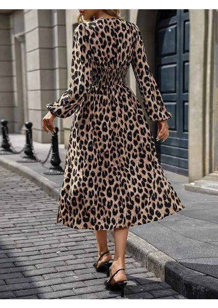 Kadın Uzun Kollu Kruvaze Yaka Belden Oturtmalı Midi Modal Leopar Desenli Elbise indirimleri