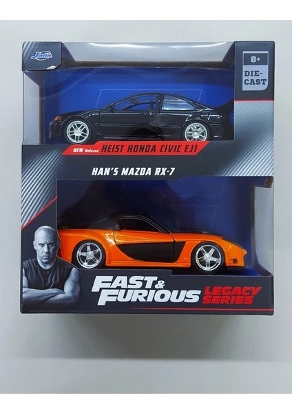 Toys Fast & Furious | 2'li Koleksiyon Seti: Han's Mazda Rx-7 & Heist Honda Civic Ej1 | Die-Cast Model Araba (1:32)