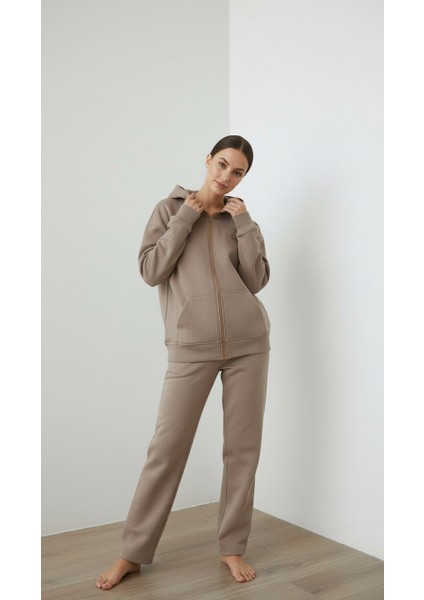 Kadın Üç Ip Şardonlu Kapşonlu Fermuarlı Angelina Sweatshirt Vizon