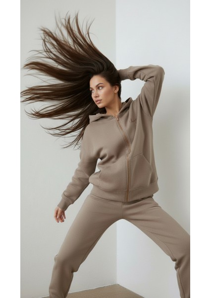 Kadın Üç Ip Şardonlu Kapşonlu Fermuarlı Angelina Sweatshirt Vizon fiyatları