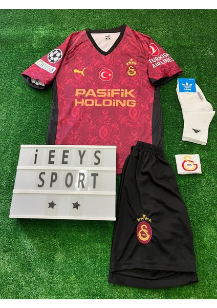 4'lü Set / S.a.r.-A/ Galatâsarây'' 2025/2026 Yeni Sezon Sarı Kırmızı Çocuk Forma Şort Çorap Bileklik