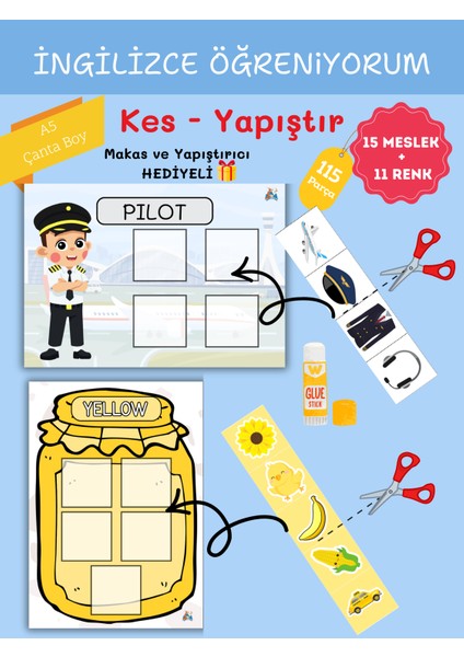 Okul Öncesi Kes Yapıştır Etkinlik Seti, 15 Meslek + 11 Renk, A5 Boy, Ince Motor Becerisi Geliştirici fiyatları