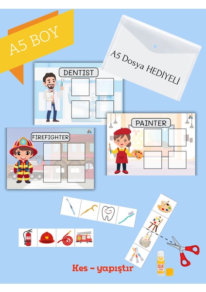 Okul Öncesi Kes Yapıştır Etkinlik Seti, 15 Meslek + 11 Renk, A5 Boy, Ince Motor Becerisi Geliştirici fırsatları