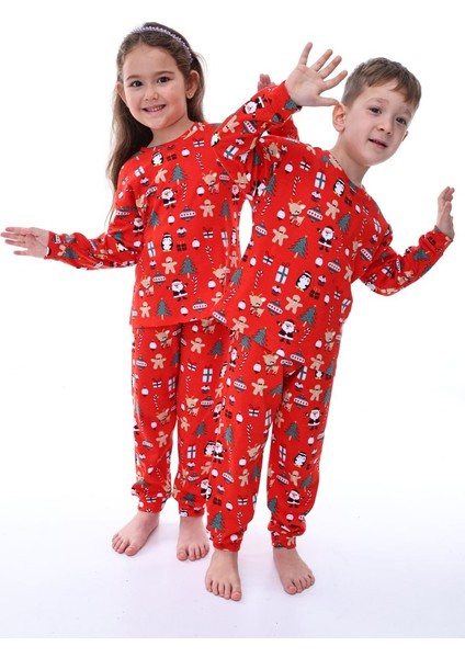 %100 Pamuk İnterlok Kumaş Uzun Kollu Yılbaşı Temalı Unisex Çocuk Pijama Takımı - Yılbaşı Pijaması