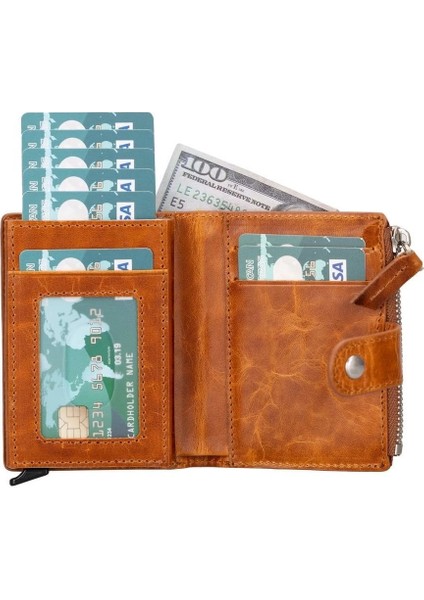 Deri Cüzdan ve Kartlık, Mekanizmalı, 10 Adet Kart Bölmeli, Tan fırsatları