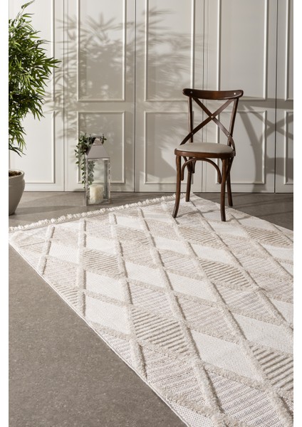 Rio Iskandinav Salon Halısı Mutfak Halısı Yolluk Bukle Dokuma Halı Tozumaz Açık Bej Somon Dekoratif Halı Rıo-02