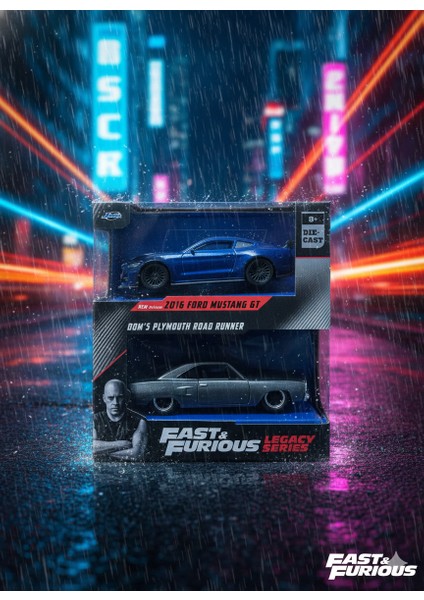 Toys Fast & Furious | 2'li Koleksiyon Seti: 2016 Ford Mustang Gt & Dom's Plymouth Road Runner | Die-Cast Model (1:32)