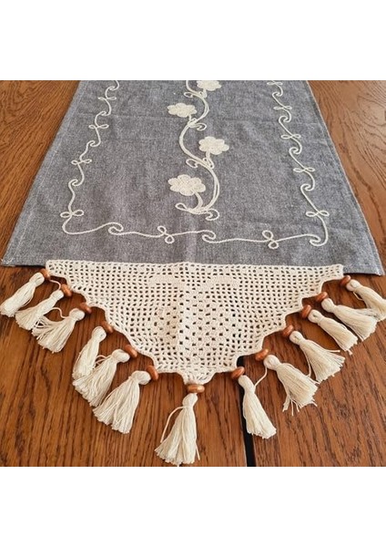 Uçlu Nakışlı Bezi Runner – Püsküllü, Otantik ve Şık, El Örgüsü ile Zenginleştirilmiş Tarz Dekoratif Örtü (Mavi Gri) modelleri