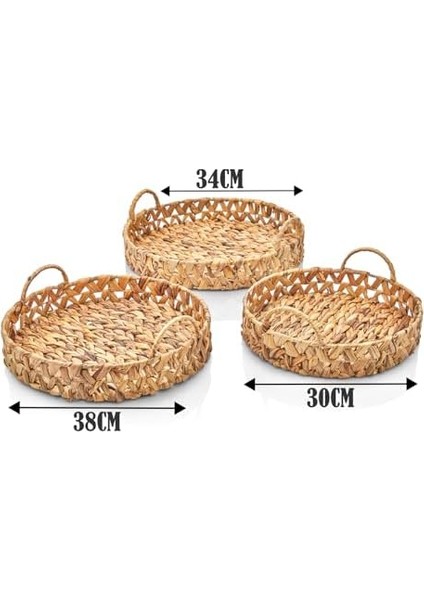 3&apos;lü Rustik El Yapımı ve Doğal Yuvarlak Hasır Kulplu Tepsi Seti, 3&apos;lü Hasır Yuvarlak Kulplu Tepsi Seti, 3 Boy Tepsi (38 * 6cm-34 * 6cm-30 * 24 * 6cm)