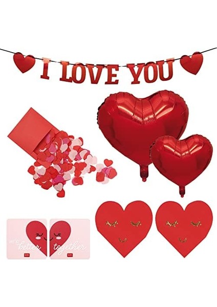 - Romantik Dekorasyon, Kağıt Çelenkler, 2 Adet Kalp Şeklinde Altlık, 5 Balon, 2 Kağıt Peçete, Iki Renkli Kağıt Konfeti modelleri