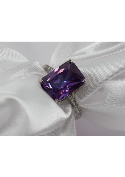 Mor Baget Taşlı Gümüş Yüzük, Mor Kuvars Yüzük, Mor Renkli Baget Taşlı Gümüş Yüzük