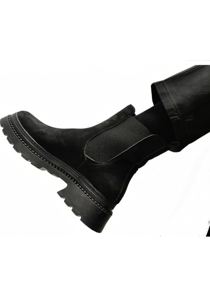 Kadın Kalın Taban Streç Elastik Yan Bantlı Süet Chealsea Bot