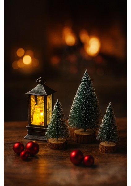 Yılbaşı Dekoru 3'lü Mini Çam Ağacı Seti & LED Işıklı Yılbaşı Kardan Adam Feneri Yılbaşı Süsleme