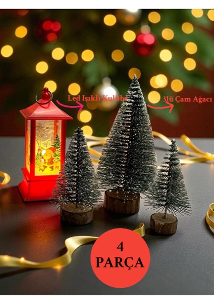 Yılbaşı Dekoru 3'lü Mini Çam Ağacı Seti & LED Işıklı Yılbaşı Noel Baba Feneri Yılbaşı Süsleme