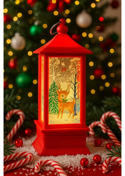 LED Işıklı Yılbaşı Feneri Geyik Temalı Noel Feneri Ağaç Süsü Kırmızı Dekoratif Işıklı Süs