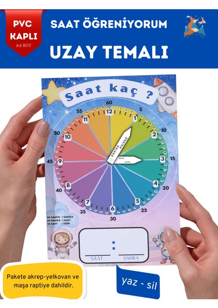 Saat Öğrenme Metaryeli, Uzay Temalı, Yaz Sil Saat Etkinliği