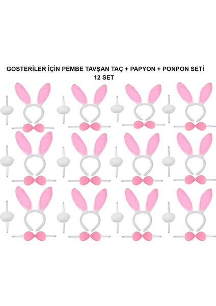 Pembe Tavşan Kostüm Seti – Taç, Papyon, Ponpon (12’li Paket)