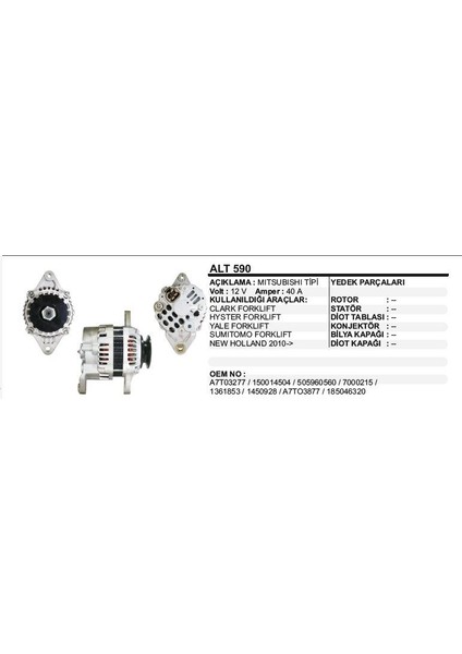 Alternatör 12V 40A Clark / Yale / Hyster Forklıft Mıtsubıshı Tip