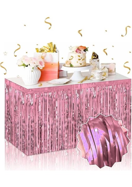 Kendinden Yapışkanlı Rose Gold Metalize Püsküllü Masa Eteği – 75 x 275 cm Parti Süslemesi