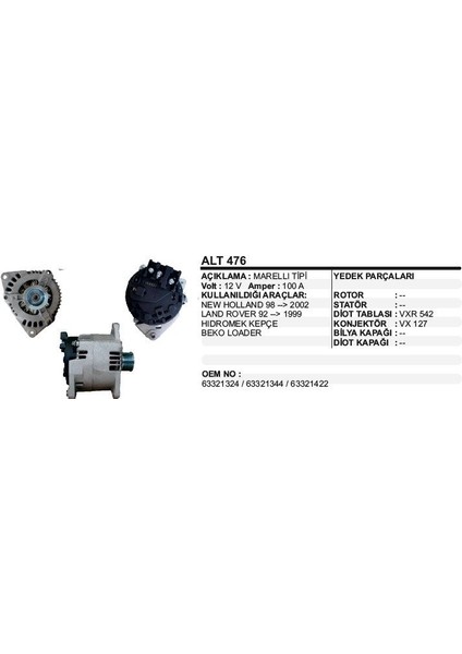 Alternatör 12V 100A New Holland 98-02 Land Rover 92-99 Marelli/mako Tipi