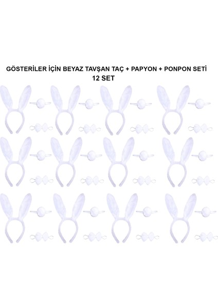 Beyaz Tavşan Kostüm Seti – Taç, Papyon, Kuyruk (12’li Paket)