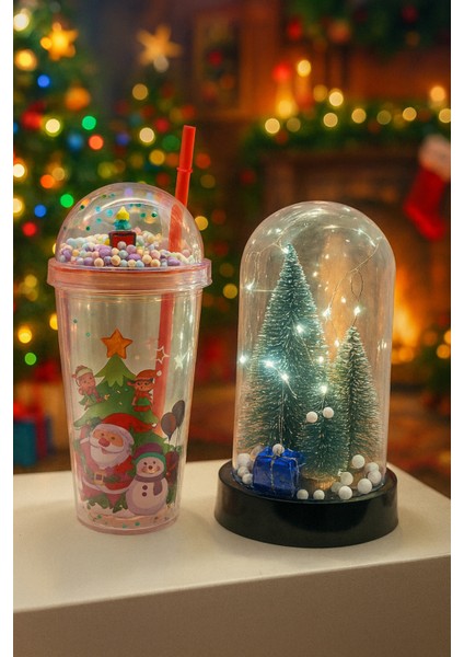 Yılbaşı Hediye Seti LED Işıklı Ağaç Fanus & Noel Baba Pipetli Bardak Yılbaşı Dekor Hediyelik Set