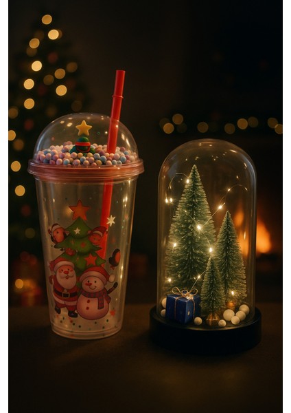 Yılbaşı Hediye Seti LED Işıklı Ağaç Fanus & Noel Baba Pipetli Bardak Yılbaşı Dekor Hediyelik Set fiyatları