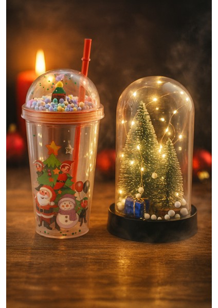 Yılbaşı Hediye Seti LED Işıklı Ağaç Fanus & Noel Baba Pipetli Bardak Yılbaşı Dekor Hediyelik Set modelleri