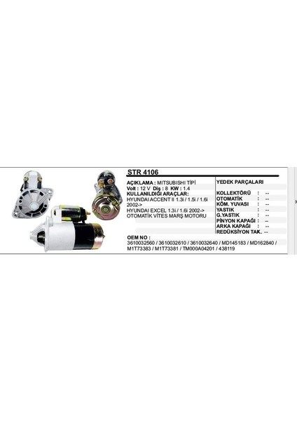 Marş Motoru 8diş 12V Hyundaı Accent/elantra Otom.vites Mıtsubıshı Tip