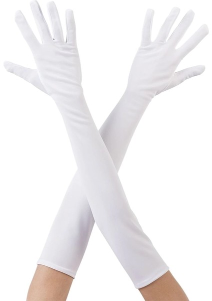 Beyaz Renk Dirseğe Kadar Uzun Kumaş Eldiven 40 cm
