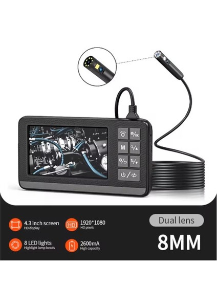 Ekranlı Çift Kameralı 5 mt Sert Kablo Endoskop 8 mm 4.3 Inc Hafıza Kart Destekli fiyatları