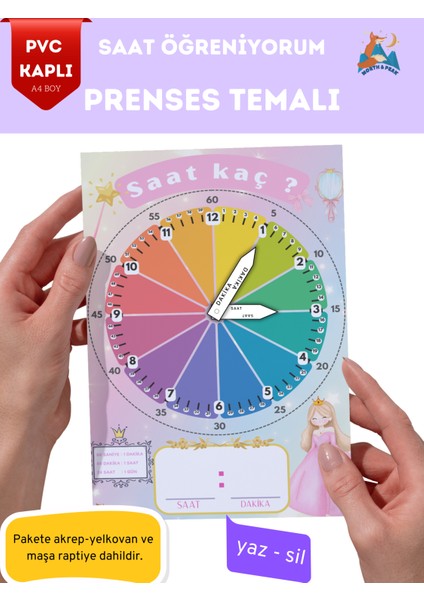 Prenses Temalı Saat Öğrenme Materyali – Pvc Kaplı, Hareketli Akrep Yelkovan, Yaz-Sil Eğitim Saati