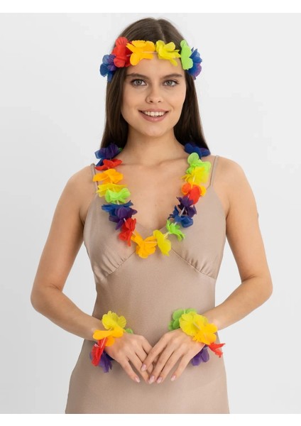 Rengarenk Hawaii Kolye Taç Bileklik Seti 4 Parça