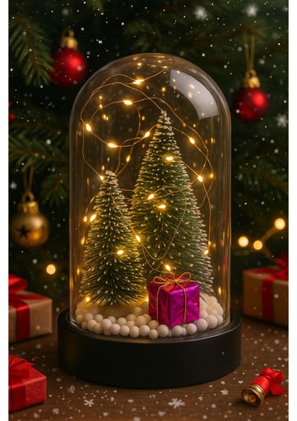 Yılbaşı Çam Ağaçlı Fanus Işıklı Yeni Yıl Kar ve Ağaç Temalı Hediyelik Fanus 2 Ağaçlı