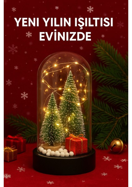 Yılbaşı Çam Ağaçlı Fanus Işıklı Yeni Yıl Kar ve Ağaç Temalı Hediyelik Fanus 2 Ağaçlı fiyatları